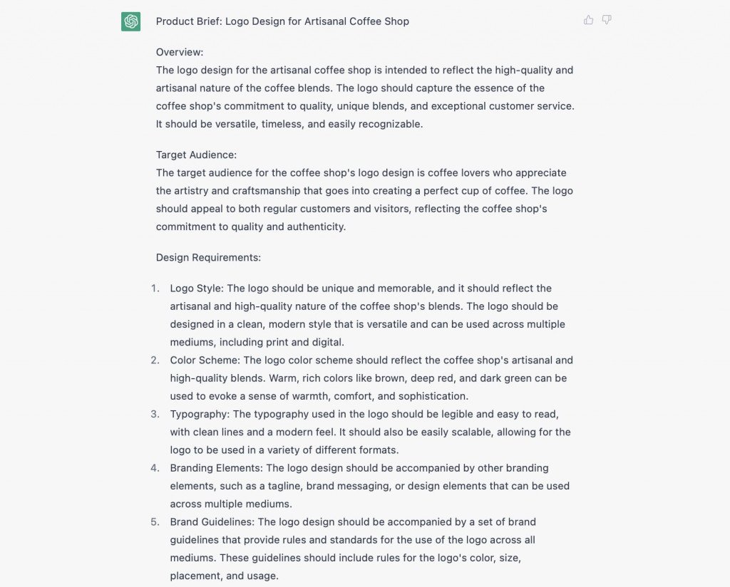 A screenshot with a product brief from ChatGPT